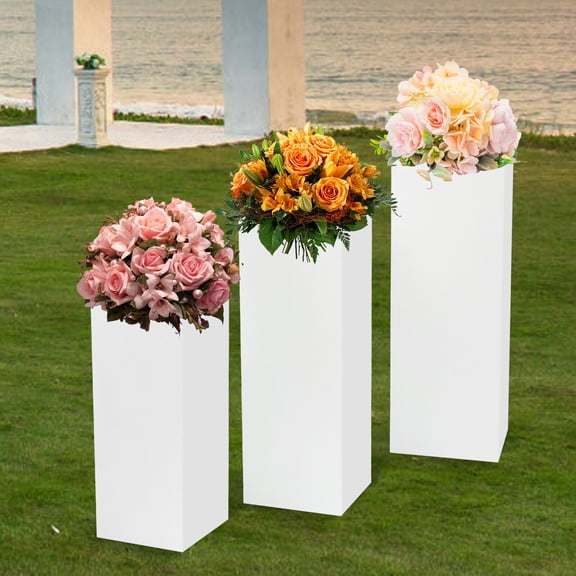 3 PCS White Display Pedestal Stands, Square Tall Pedestal Stands, Pedestal Cake Stands(29*29*70cm/11.42*11.42*27.56in, 32*32*90cm/12.6*12.6*35.43in, 36*36*100cm/14.17*14.17*39.37in)