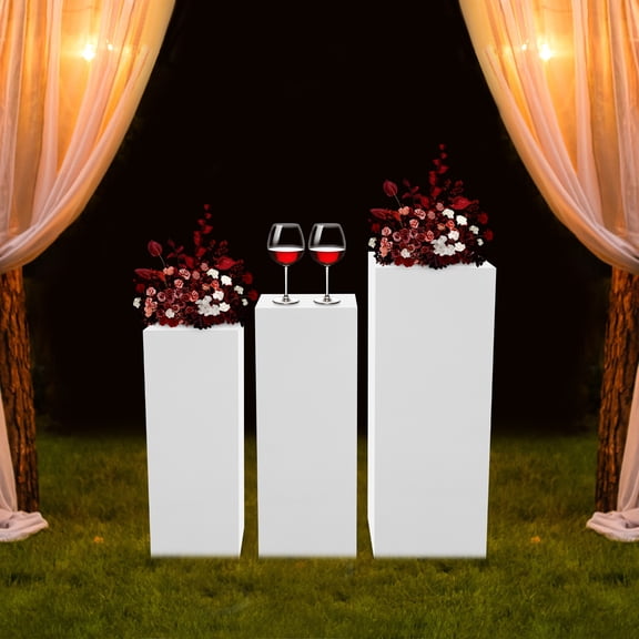 3 PCS White Metal Display Pedestal Stands, Cuboid Freestanding Display Pillars, Nestable Cake Display Risers for Wedding Birthday Party Exhibition Decor