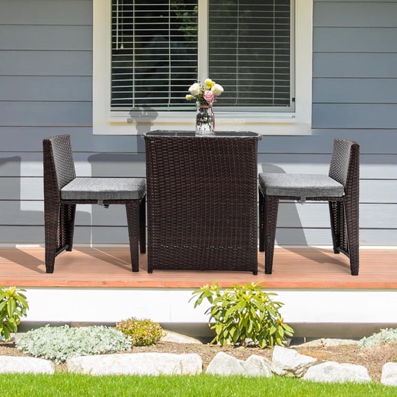 3 PCS Wicker Outdoor  Bistro Set with Glass Top Table and Chairs for Small Space Garden Balcony