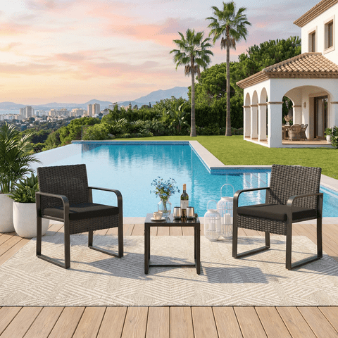 3 PCS Wicker Patio Set, Wicker Rattan Chairs and Tempered Glass Table, for Porch, Balcony, Backyard- Includes Black Cushions