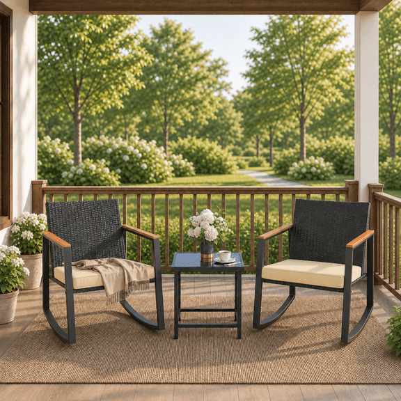 Aiho 3 Piece Patio Furniture Set, Outdoor Rattan Rocking Bistro Set with Coffee Table & Beige Cushions for Garden, Balcony, Backyard, Poolside