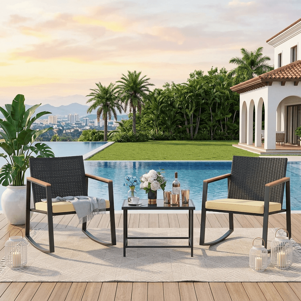 3 PCS Wicker Patio Set, Wicker Rattan Chairs and Tempered Glass Table, for Porch, Balcony, Backyard- Includes Beige Cushions