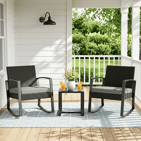 3-Piece Patio Rocking Bistro Conversation Set w/ Coffee Table, Grey Cushion, Rustproof Weatherproof, Outdoor Furniture Set for Garden Balcony Backyard Poolside Porch Deck, Easy Assembly
