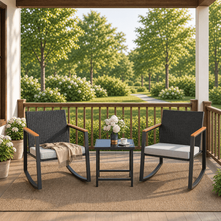 Aiho 3 Piece Patio Furniture Set, Outdoor Rattan Rocking Bistro Set with Coffee Table & Grey Cushions for Garden, Balcony, Backyard, Poolside