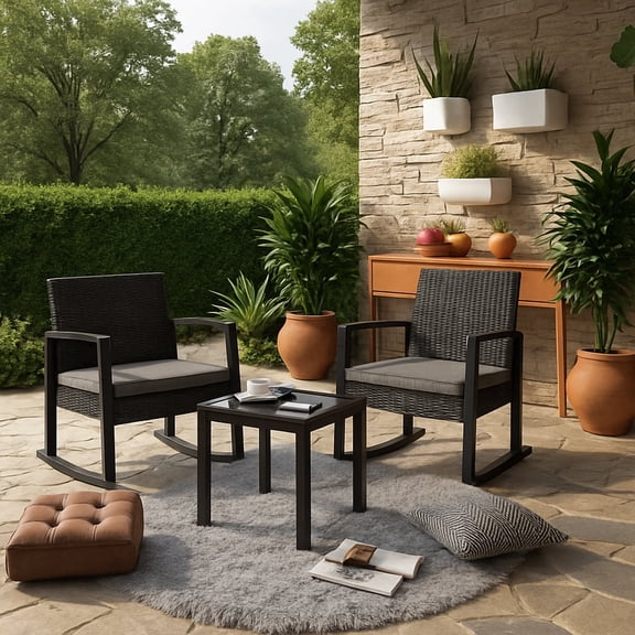 3 PCS Wicker Patio Set, Wicker Rattan Chairs and Tempered Glass Table, for Porch, Balcony, Backyard- Includes Gray Cushions