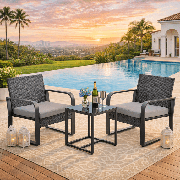 Aiho 3 PCS Wicker Patio Set with Gray Cushions, Wicker Rattan Chairs and Tempered Glass Table