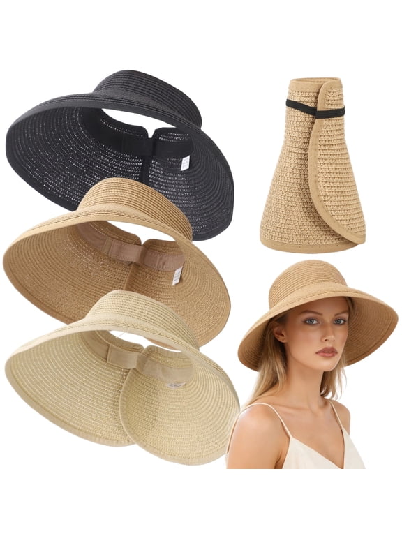 3 Pack Wide Brim Straw Sun Visors OpenTop Ponytail Hats for Women, Adjustable Fabric Fastener, RollUp Beach Visors for Travel & Outdoor, Assorted Colors