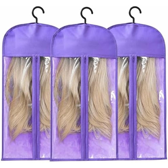 3-PCS Wig Storage Bags with Hangers -  Hair Extension Organizer for Multiple Wigs, 60cm x 30cm Dust-Proof Closet Savers (Purple)