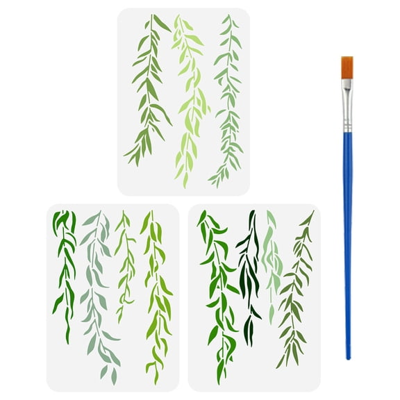 3 PCS Willow Leaves Painting Stencil with a Paint Brush 8.3x11.7inch 3 Styles Weeping Leaves Stencil Leaves Vines Template