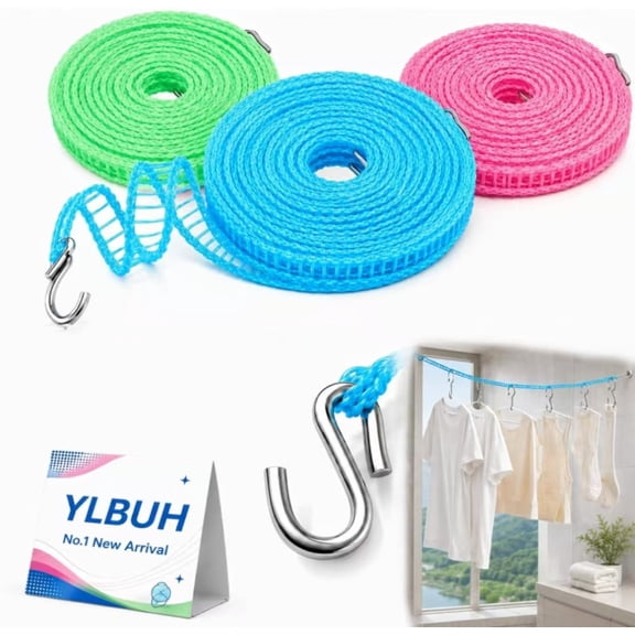 3 PCS Windproof Clothesline with Hooks, Adjustable Portable Clothesline, Non-Slip Laundry Drying Rope for Indoor Outdoor Use, Travel, Camping, Hotel, RV, Balcony and Laundry Room (Blue,9.84 ft)M