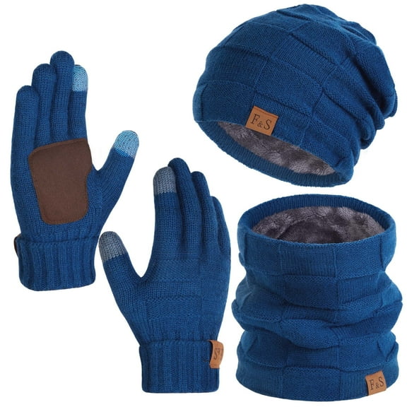 3 PCS Winter Beanie Hat Scarf Set - Adult Warmer Set Knit Wool Neck Warmer Skull Cap with Touch Screen Cold Weather Gloves, Blue