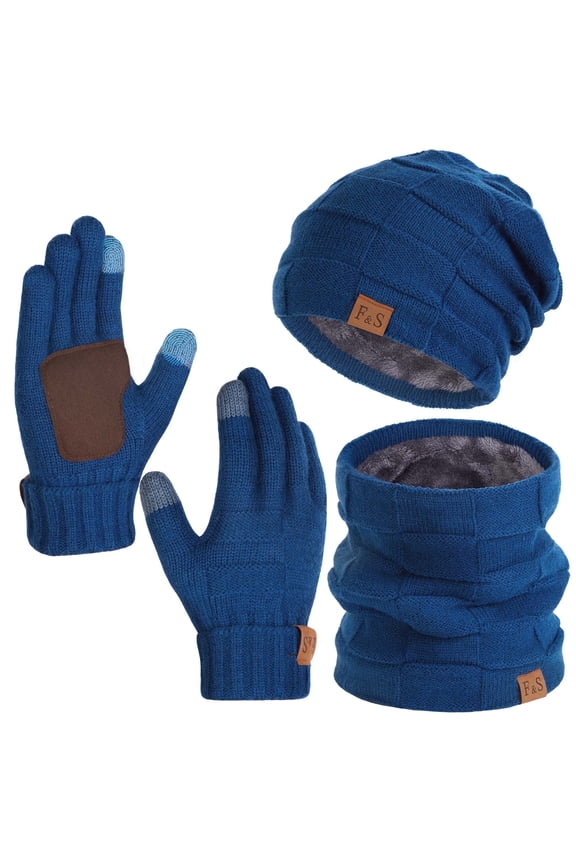 3 PCS Winter Beanie Hat Scarf Set - Adult Warmer Set Knit Wool Neck Warmer Skull Cap with Touch Screen Cold Weather Gloves, Blue