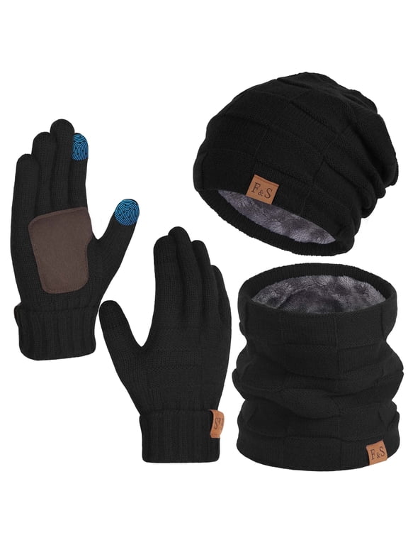 3 PCS Winter Beanie Hat Scarf Set Adult Winter Hat Set, Knit Wool Neck Warmer Skull Cap with Touch Screen Cold Weather Gloves for Men Women