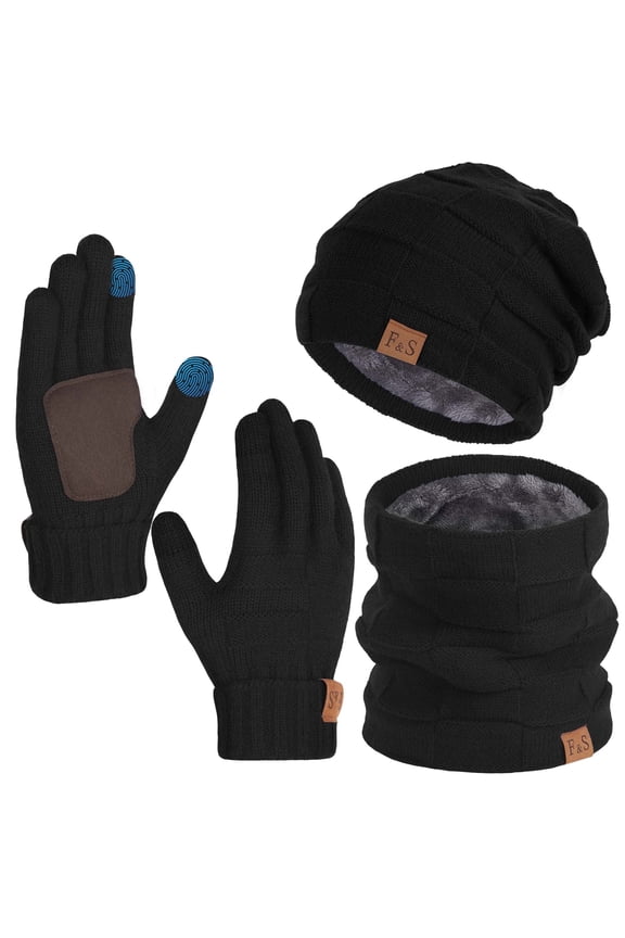 3 PCS Winter Beanie Hat Scarf Set Adult Winter Hat Set, Knit Wool Neck Warmer Skull Cap with Touch Screen Cold Weather Gloves for Men Women
