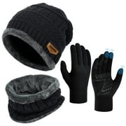 VBIGER 3 PCS Winter Beanie Hat Scarf Set with Gloves Touch Screen Cold Weather Knit Wool Neck Warmer Skull Cap Black