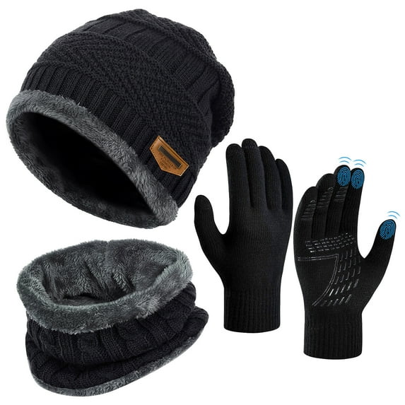 3 PCS Winter Beanie Hat Scarf Set with Gloves Touch Screen Cold Weather Knit Wool Neck Warmer Skull Cap Black