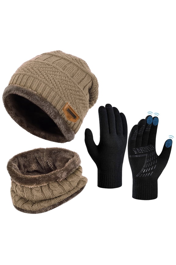 3 PCS Winter Beanie Hat Scarf Set with Gloves Touch Screen Cold Weather Knit Wool Neck Warmer Skull Cap Khaki