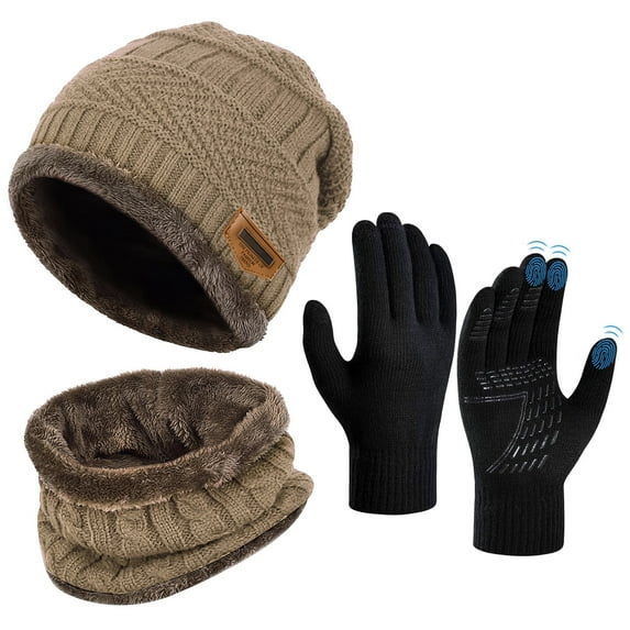 Vbiger 3 PCS Winter Beanie Hat Scarf Set with Gloves Touch Screen Cold Weather Knit Wool Neck Warmer Skull Cap Khaki