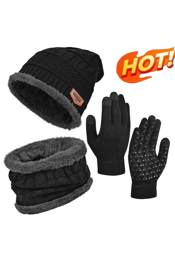 3 PCS Winter Beanie Scarf Gloves Set for Men & Women, Touch Screen Gloves Cold Weather Neck Warmer Skull Cap - Black