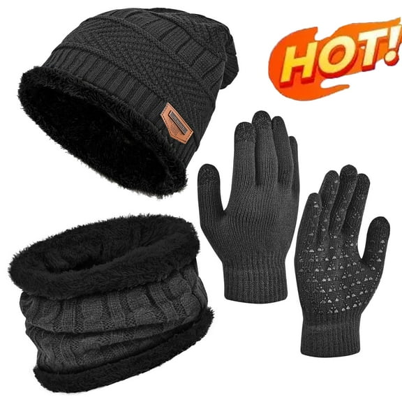 3 PCS Winter Beanie Scarf Gloves Set for Men & Women, Touch Screen Gloves Cold Weather Neck Warmer Skull Cap - Gray