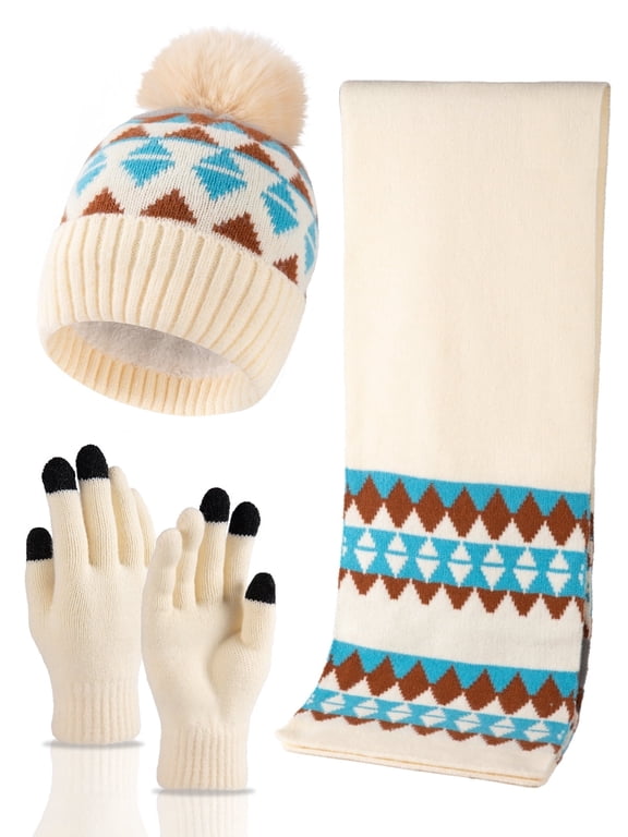 3 PCS Winter Hat Scarf Gloves Set, Long Scarf Neck Warmer Beanie with Pom Pom Touchscreen Gloves Set Winter Gifts for Adults Children