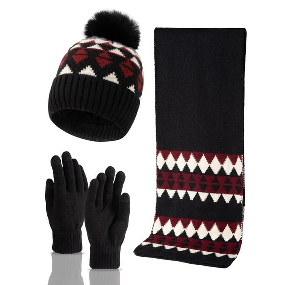COOPLUS 3 PCS Winter Hat Scarf Gloves Set, Long Scarf Neck Warmer Beanie with Pom Pom Touchscreen Gloves Set Winter Gifts for Adults Children