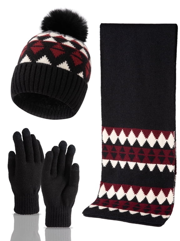 3 PCS Winter Hat Scarf Gloves Set, Long Scarf Neck Warmer Beanie with Pom Pom Touchscreen Gloves Set Winter Gifts for Adults Children