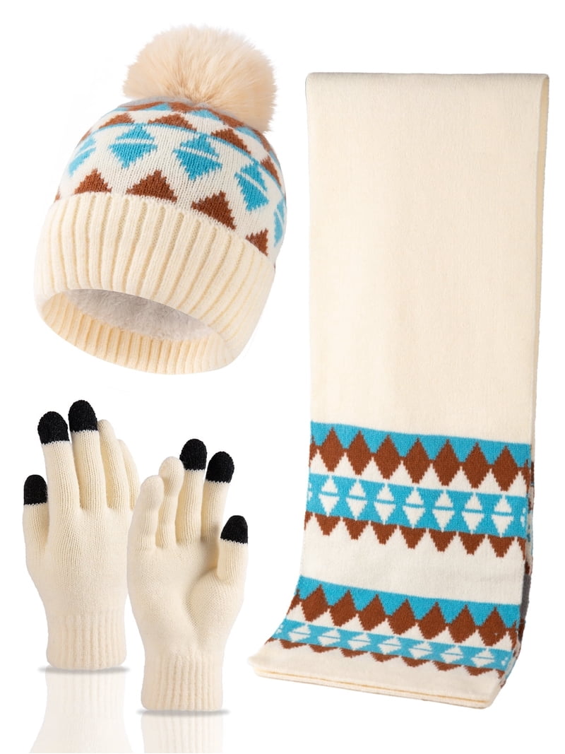 Winter Hat Gloves Scarf Headband Set Fleece Knit Pom Pom Beanie Touchscreen 4-Piece Winter Set: Hat, Scarf, Gloves, Headband for Women  main image 2