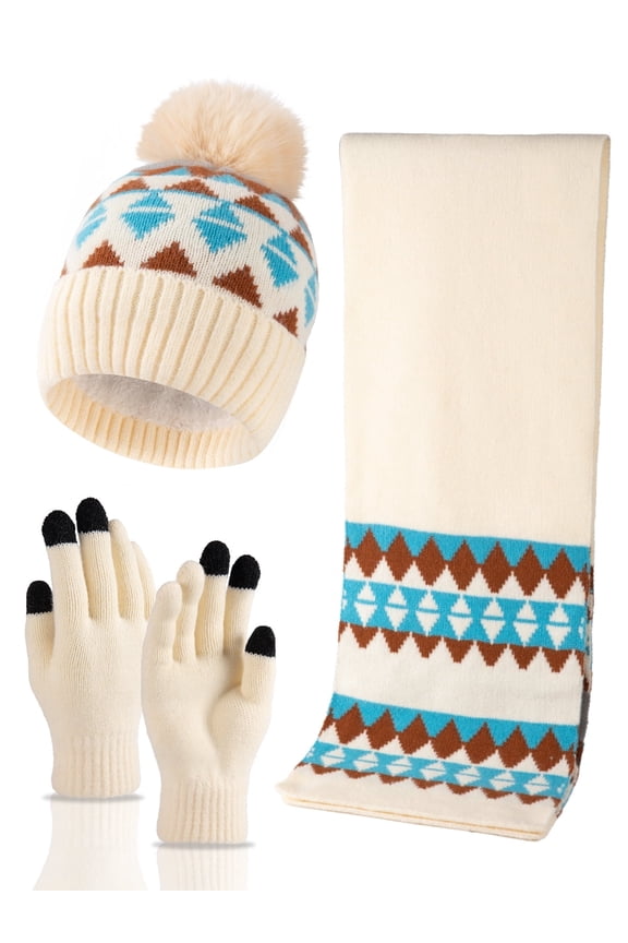 3 PCS Winter Hat Scarf Gloves Set, Long Scarf Neck Warmer Beanie with Pom Pom Touchscreen Gloves Set Winter Gifts for Adults Children