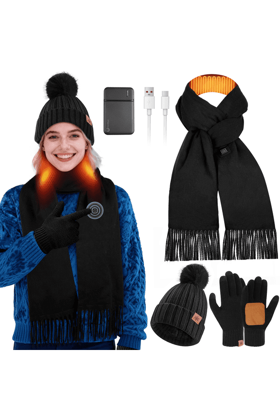 Heated Scarf for Women, 3Pcs Heated Scarf for Men Hat Gloves Set USB Rechargeable 5000mAh Battery Intelligent Neck Warmer 3 Temperature Settings Heating for Long Lasting Winter Warmth, Black