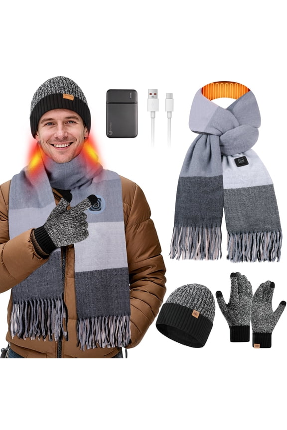 3 PCS Winter Heated Scarf Beanie Hat Touchscreen Gloves Set for Men and Women, USB Rechargeable 5000mAh Battery Neck Warmer 3 Temperature Settings (Gray Plaid)