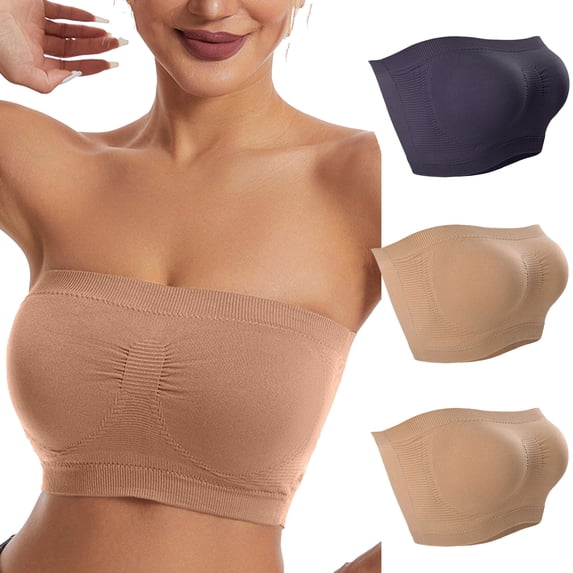 3 PCS Wireless Tube Bras Womens Push-Up Strapless Bandeau Bra Non Slip Padded Seamless Bralettes(Gray 40BC)