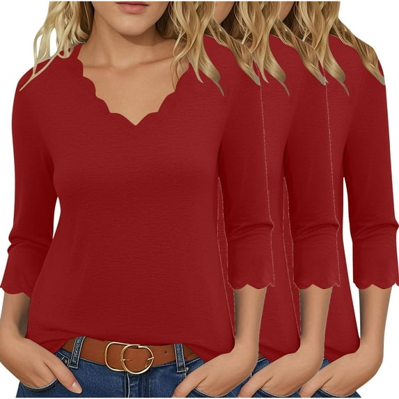 3 PCS Womens 3/4 Sleeve Tops V Neck Scallop Trim Loose Casual Blouses Soft Basic Tees Shirts Trendy Loungewear, Wine S