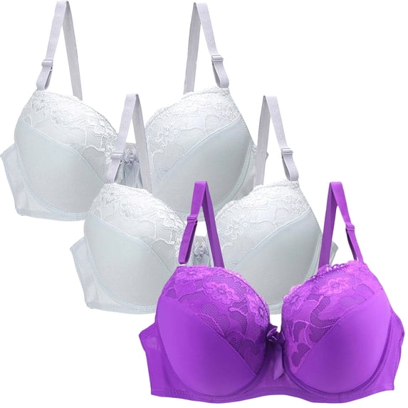 3 PCS Womens Full Coverage Bras Lace Wireless Push Up Bralettes Seamless Beauty Back B Cup Bras Underwear Multicolor, 34/75B