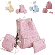 3 PCS Yellow Quilted Ditsy Bow Backpack Set 3 Piece Back to School Laptop Daypack for Women, Multi Pocket Casual College Backpack with Matching Crossbody Bag & Cosmetic Storage Pouch