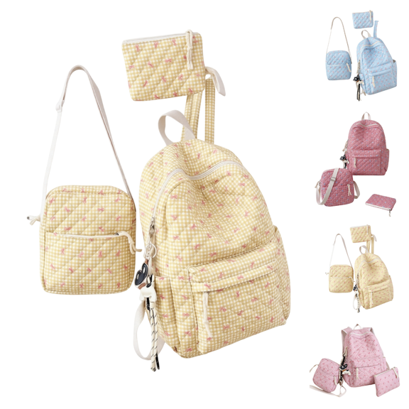 3 PCS Yellow Quilted Ditsy Bow Backpack Set 3 Piece Back to School Laptop Daypack for Women, Multi Pocket Casual College Backpack with Matching Crossbody Bag & Cosmetic Storage Pouch