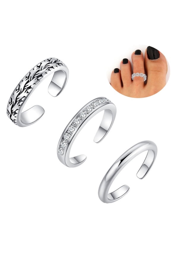 3 PCs Design Adjustable Toe Rings Set, Minimalist Fashion Rings for Women, Assorted Styles with Gift Box - Silver