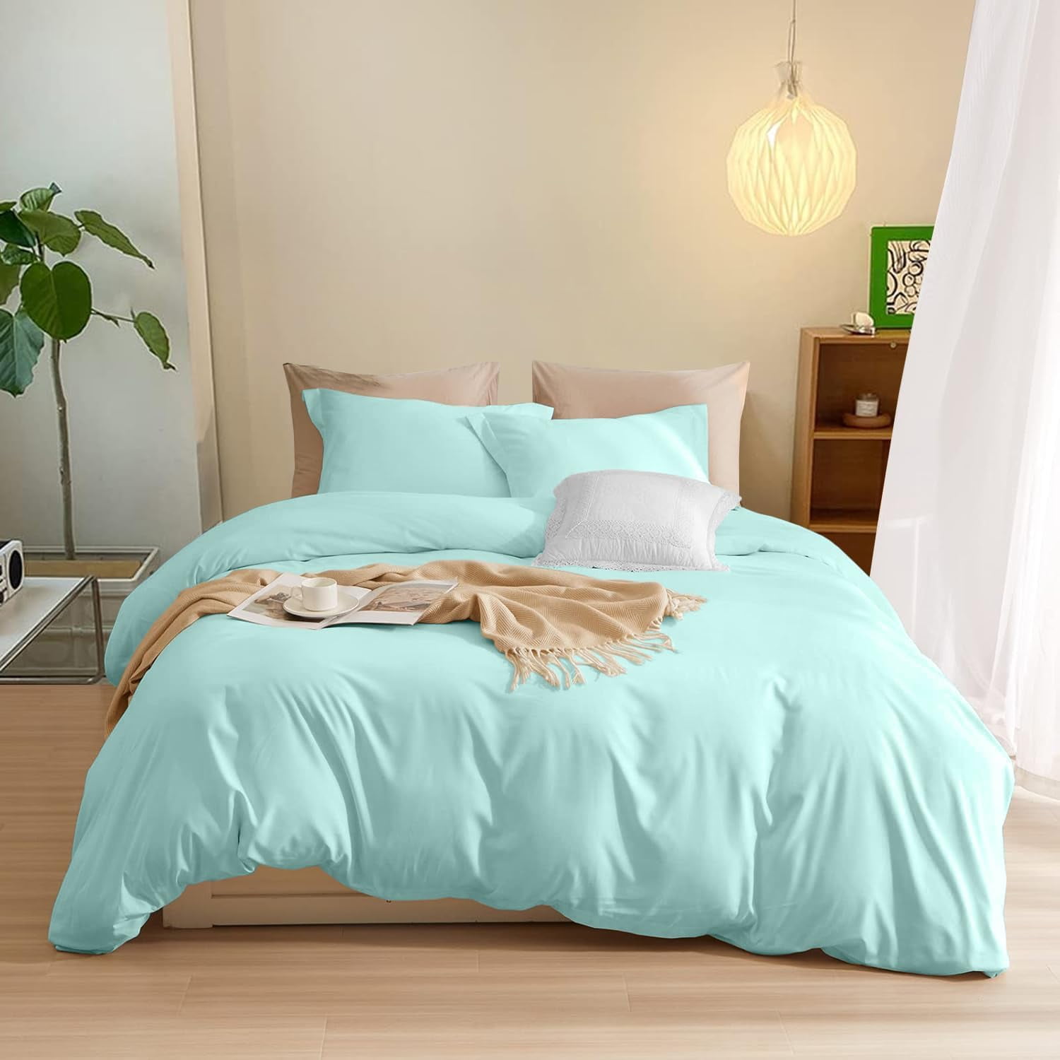 3-PCs Duvet Cover Set, Luxury 500-Thread Count Egyptian Cotton Button Closure Quilt Cover - Twin/Twin-XL Size ( 68 x 90 ) Inches, (Aqua Blue)