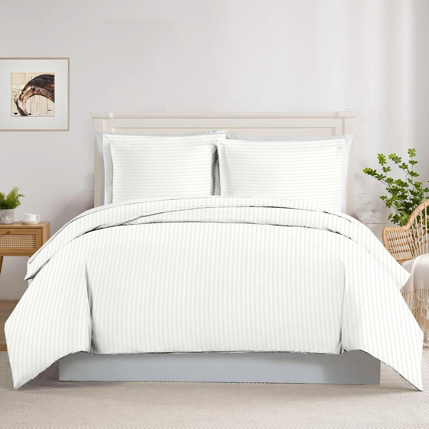 3-PCs Duvet Cover Set, Luxury 500-Thread Count Egyptian Cotton Button Closure Quilt Cover - Twin/Twin-XL Size ( 68 x 90 ) Inches, White Stripe