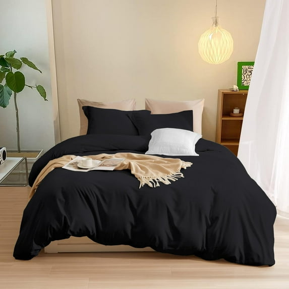 3-PCs Duvet Cover Set, Luxury 500-Thread Count Egyptian Cotton Zipper Closure Quilt Cover - OverSize Queen Size ( 98" x 98" ) Inches, (Black)