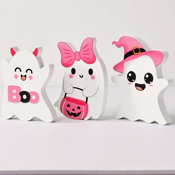 3 PCs Pink Halloween Table Decorations, Cute Ghosts Halloween Decor, Pink Halloween Decor - Indoor Ghost Wood Signs, Decor for Home Office Tiered Tray & Party Favor Decor