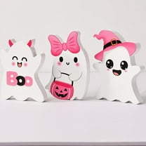 3 PCs Pink Halloween Table Decorations, Cute Ghosts Halloween Decor, Pink Halloween Decor - Indoor Ghost Wood Signs, Decor for Home Office Tiered Tray & Party Favor Decor