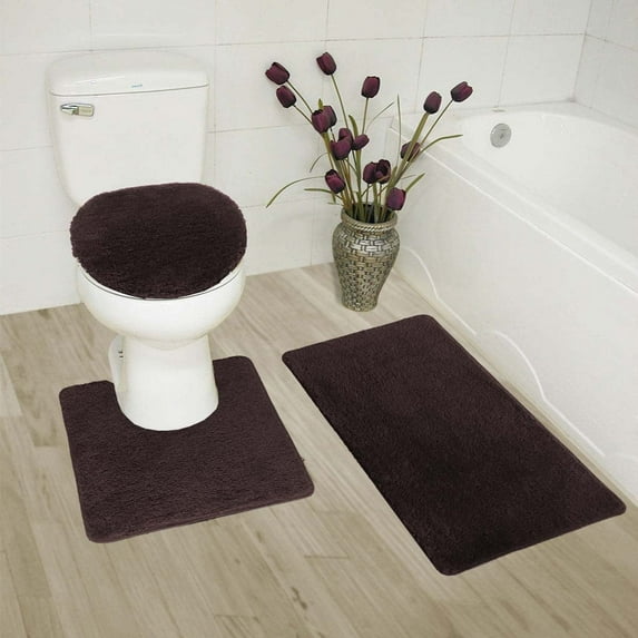 3 PIECE BROWN STONE OVAL BATHROOM DESIGN SUPER SOFT COZZY ANTI SLIP WASHABLE INCLUDES : 1 Bath Math 18"X 30" 1 Contour Mat 18"X 18" 1 Lid Cover 18"X 18"