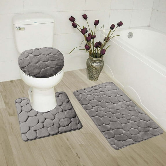 3 PIECE GREY ROCK STONE OVAL BATHROOM DESIGN SUPER SOFT COZZY ANTI SLIP WASHABLE INCLUDES : 1 Bath Math 18"X 30" 1 Contour Mat 18"X 18" 1 Lid Cover 18"X 18"