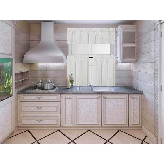 3 PIECE IVORY K3 KITCHEN RESTAURANT BATHROOM WINDOW TREATMENT CURTAIN BLACKOUT PANEL ROD POCKET INCLUDES 2 TIER PANELS 30" WIDE X 36" LONG" EACH PANEL + 1 VALANCE 60" WIDE X 14" LONG