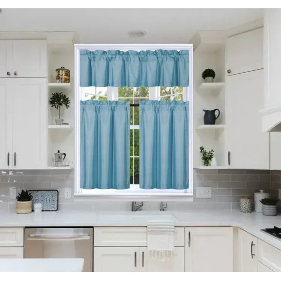 Gorgeous Home Linen 3pc Kitchen Window Curtain Set Foam Lined Rod Pocket Faux Silk 2 Tiers 1 valance Solid Color Light Blue