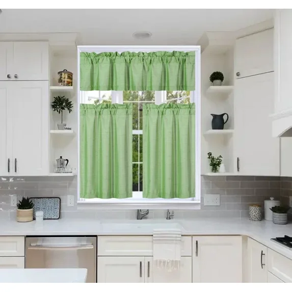 Gorgeous Home Linen 3pc Kitchen Window Curtain Set Foam Lined Rod Pocket Faux Silk 2 Tiers 1 valance Solid Color Lime Green
