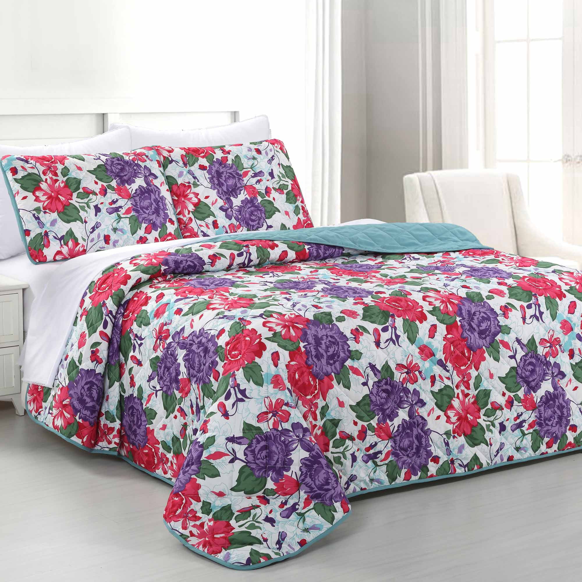 3-PIECE PRINTED REVERSIBLE COVERLET SET PROVENCE FLORAL QUEEN - Walmart.com