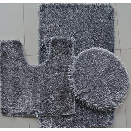3 PIECE SHINY SOFT PADDED CHENILLE SHAG BATH RUG, CONTOUR RUG AND LID COVER SET, GRAY