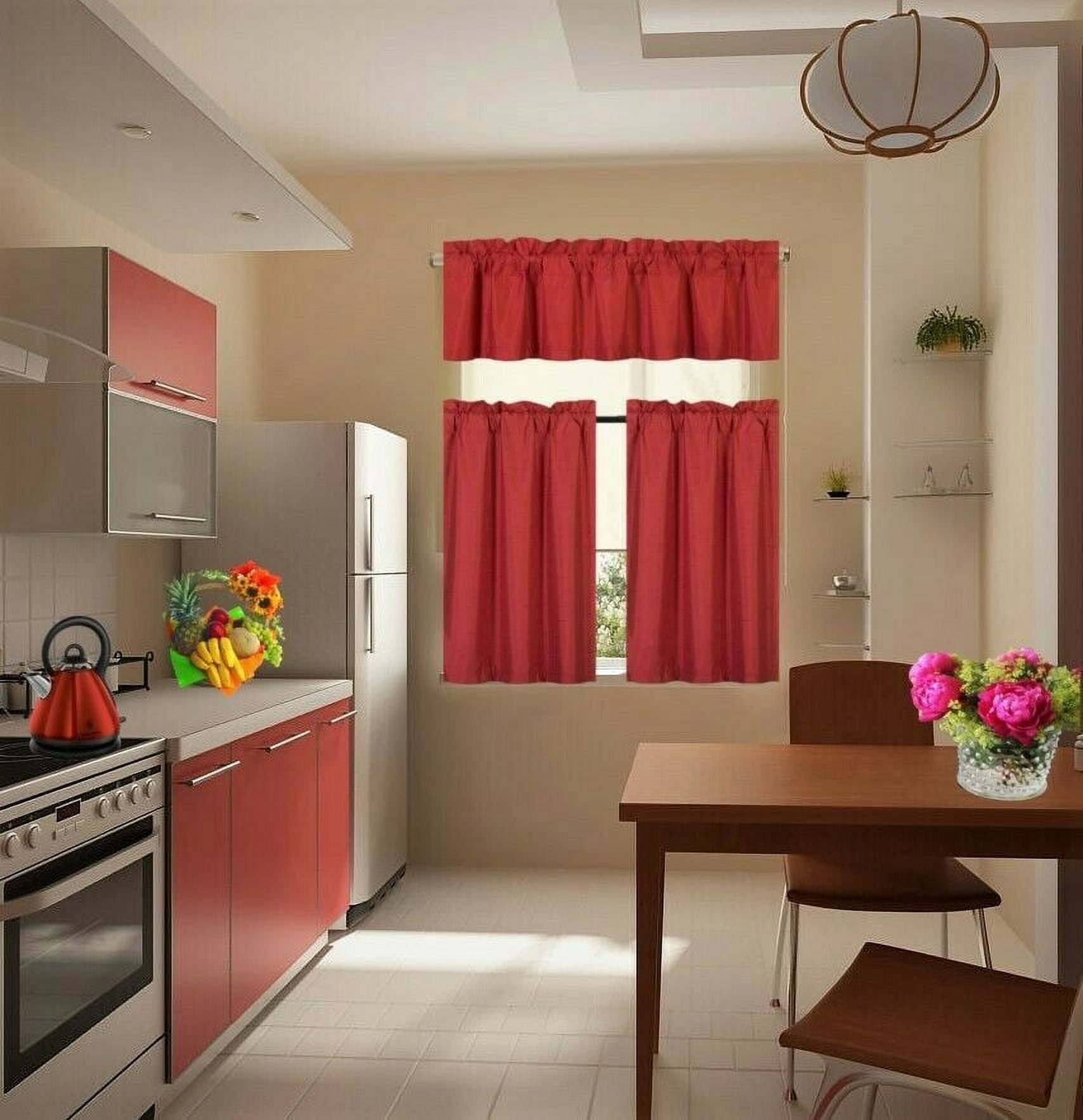 3pc Solid Red Faux Silk Blackout Kitchen Curtain Set with Tiers